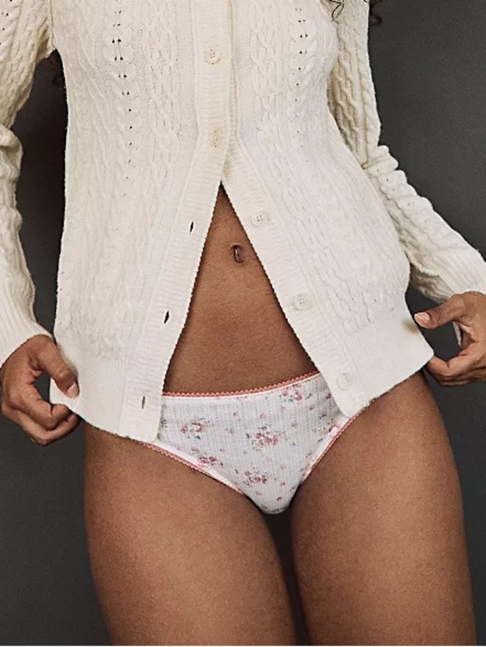 NWT Intimately Free People Ivory Floral Printed Pointelle Bikini Panty M